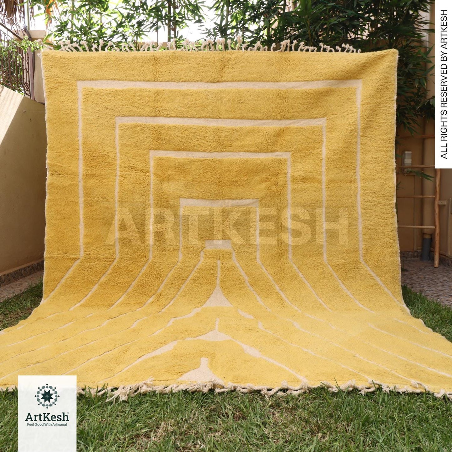 Handmade Moroccan Yellow Rug – Beni Ourain Wool Rug – Berber Carpet for Living Room – Bohemian Area Rug – Luxury Wool Floor Decor