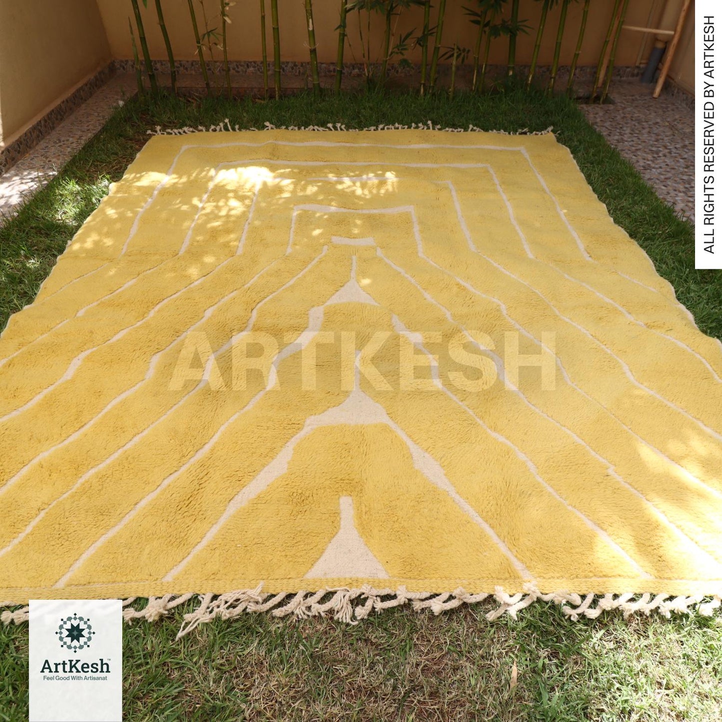 Handmade Moroccan Yellow Rug – Beni Ourain Wool Rug – Berber Carpet for Living Room – Bohemian Area Rug – Luxury Wool Floor Decor