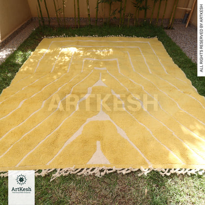 Handmade Moroccan Yellow Rug – Beni Ourain Wool Rug – Berber Carpet for Living Room – Bohemian Area Rug – Luxury Wool Floor Decor