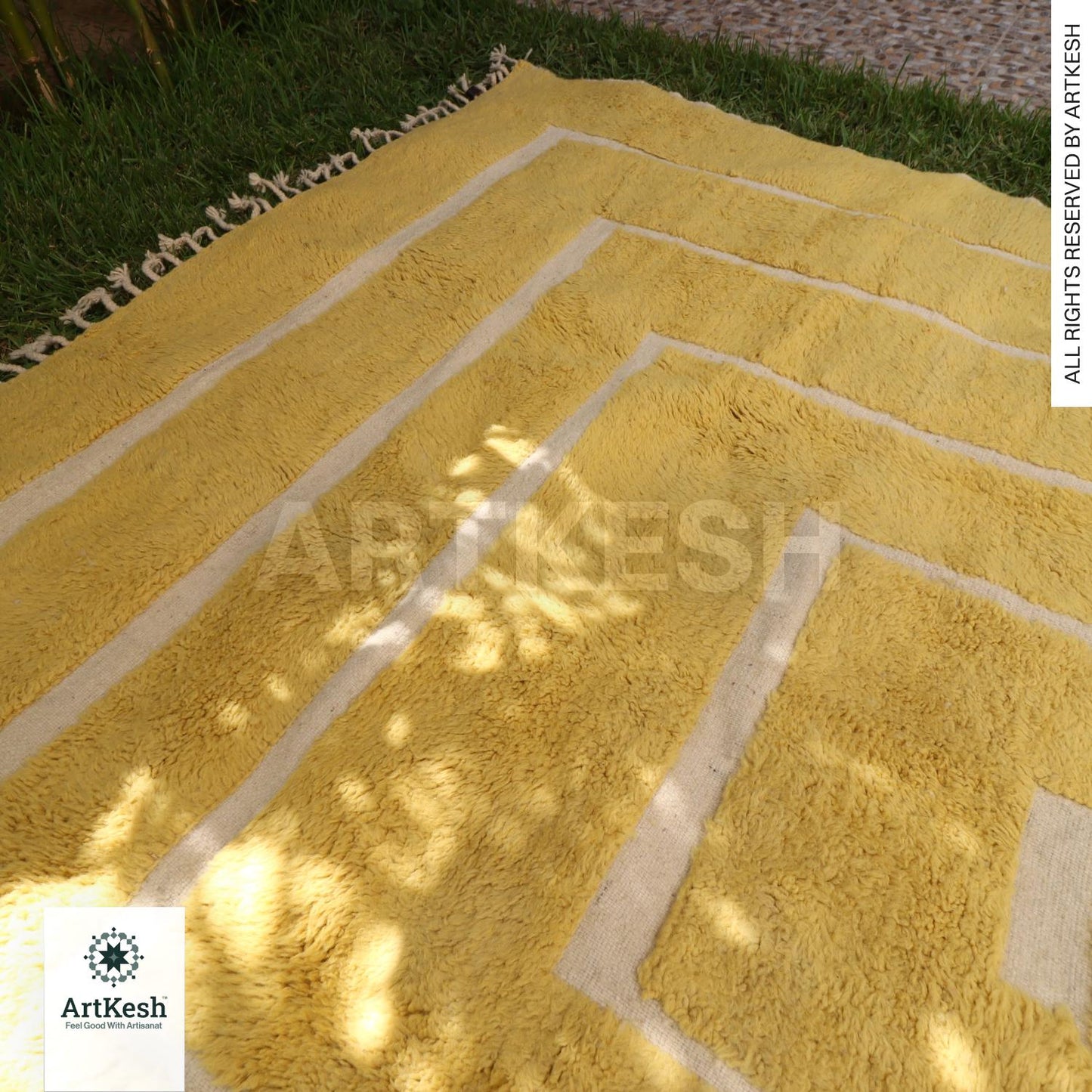 Handmade Moroccan Yellow Rug – Beni Ourain Wool Rug – Berber Carpet for Living Room – Bohemian Area Rug – Luxury Wool Floor Decor