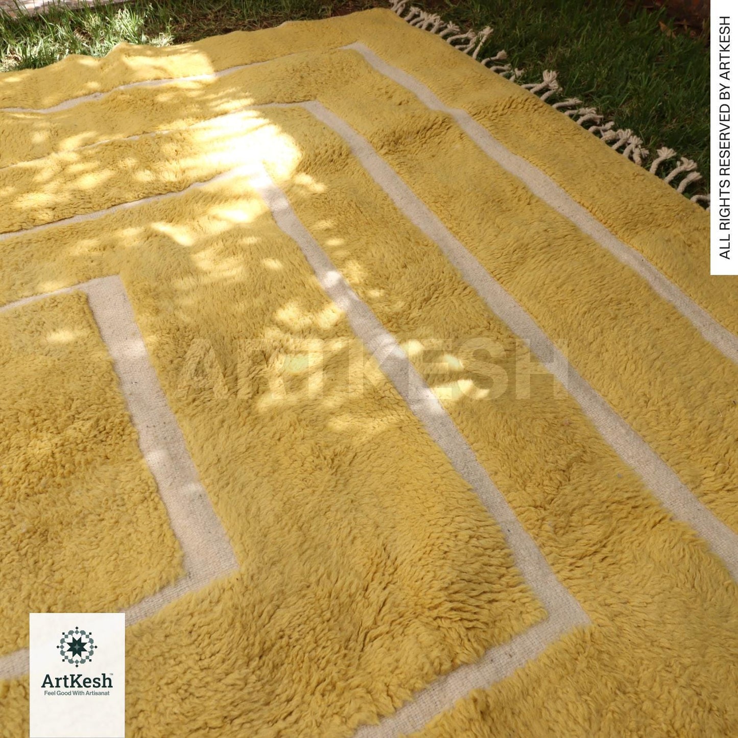 Handmade Moroccan Yellow Rug – Beni Ourain Wool Rug – Berber Carpet for Living Room – Bohemian Area Rug – Luxury Wool Floor Decor