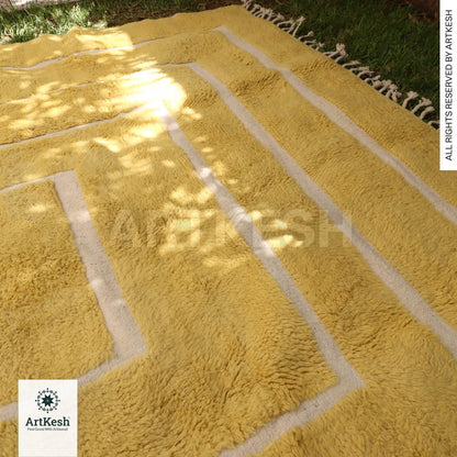 Handmade Moroccan Yellow Rug – Beni Ourain Wool Rug – Berber Carpet for Living Room – Bohemian Area Rug – Luxury Wool Floor Decor