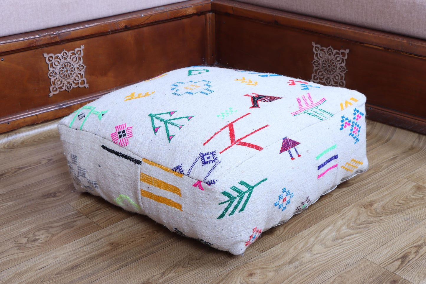 Moroccan Kilim Pouf, Vintage Ottoman, Square Floor Cushion, Yoga Meditation Pouf, Colorful Outdoor Pillow
