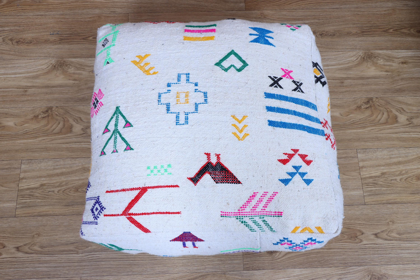 Moroccan Kilim Pouf, Vintage Ottoman, Square Floor Cushion, Yoga Meditation Pouf, Colorful Outdoor Pillow