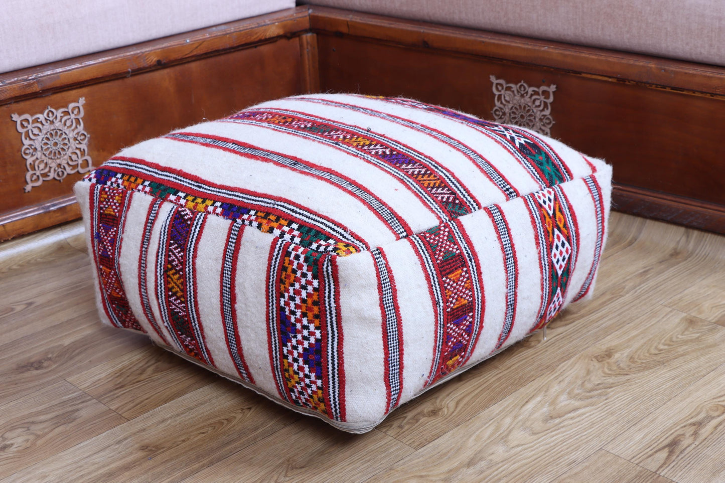 Handmade Moroccan Pouf, Kilim Floor Cushion, Vintage Ottoman, Boho Yoga Pillow, Colorful Rug Pouf for Home Decor
