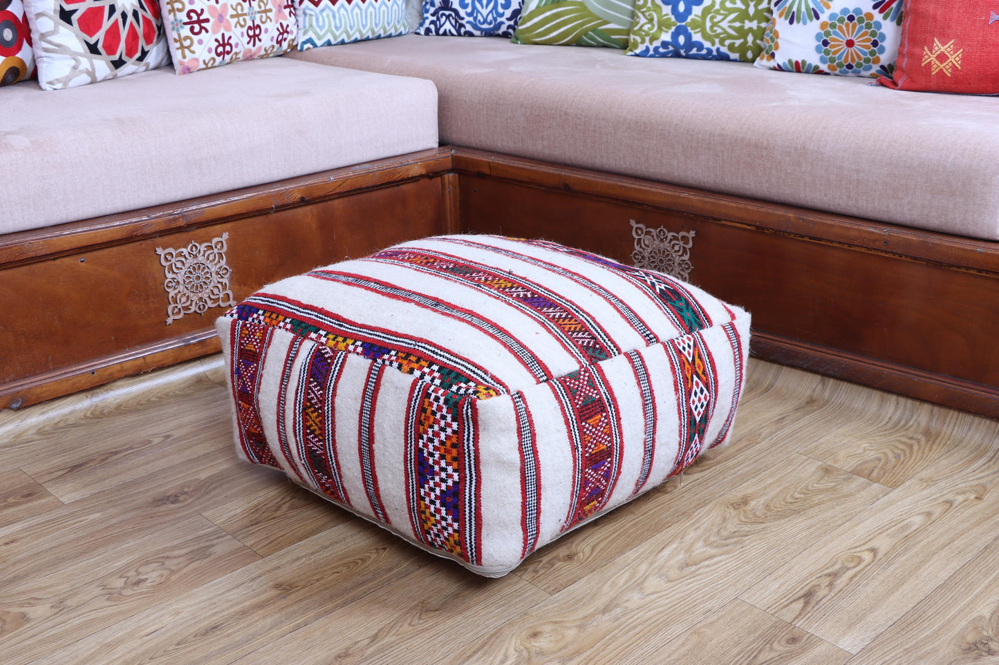 Handmade Moroccan Pouf, Kilim Floor Cushion, Vintage Ottoman, Boho Yoga Pillow, Colorful Rug Pouf for Home Decor