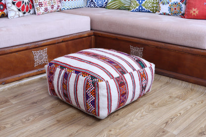 Handmade Moroccan Pouf, Kilim Floor Cushion, Vintage Ottoman, Boho Yoga Pillow, Colorful Rug Pouf for Home Decor