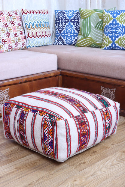 Handmade Moroccan Pouf, Kilim Floor Cushion, Vintage Ottoman, Boho Yoga Pillow, Colorful Rug Pouf for Home Decor