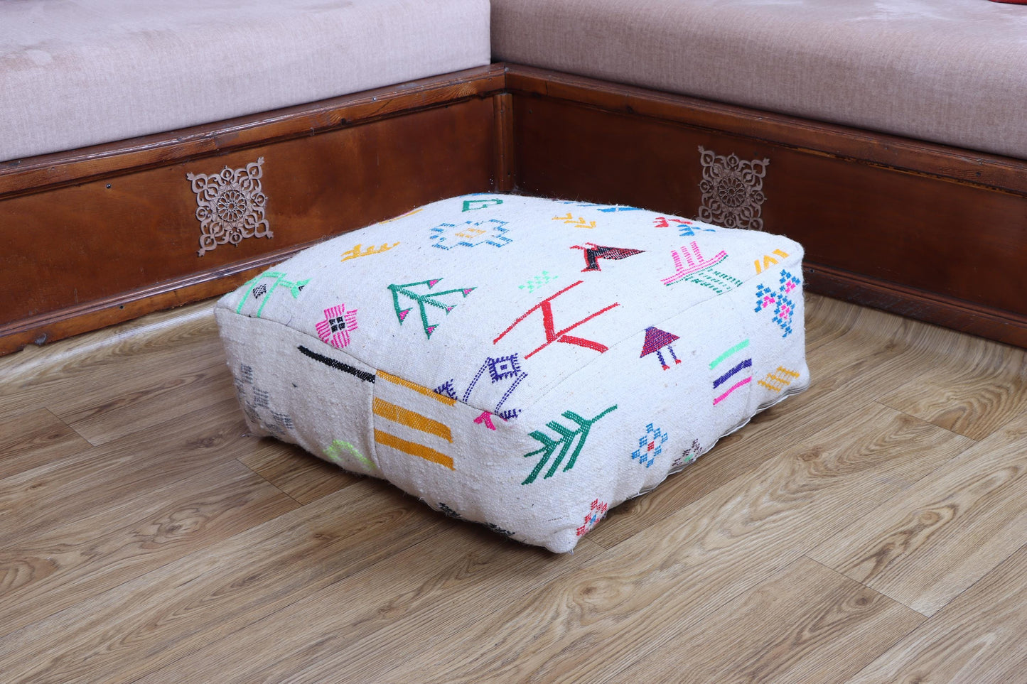 Moroccan Kilim Pouf, Vintage Ottoman, Square Floor Cushion, Yoga Meditation Pouf, Colorful Outdoor Pillow