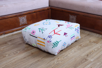 Moroccan Kilim Pouf, Vintage Ottoman, Square Floor Cushion, Yoga Meditation Pouf, Colorful Outdoor Pillow