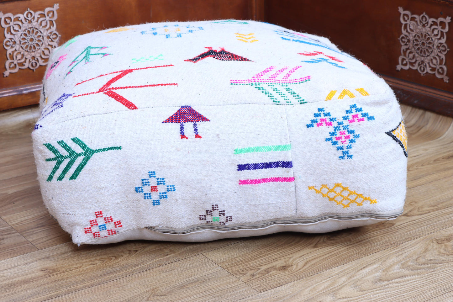 Moroccan Kilim Pouf, Vintage Ottoman, Square Floor Cushion, Yoga Meditation Pouf, Colorful Outdoor Pillow
