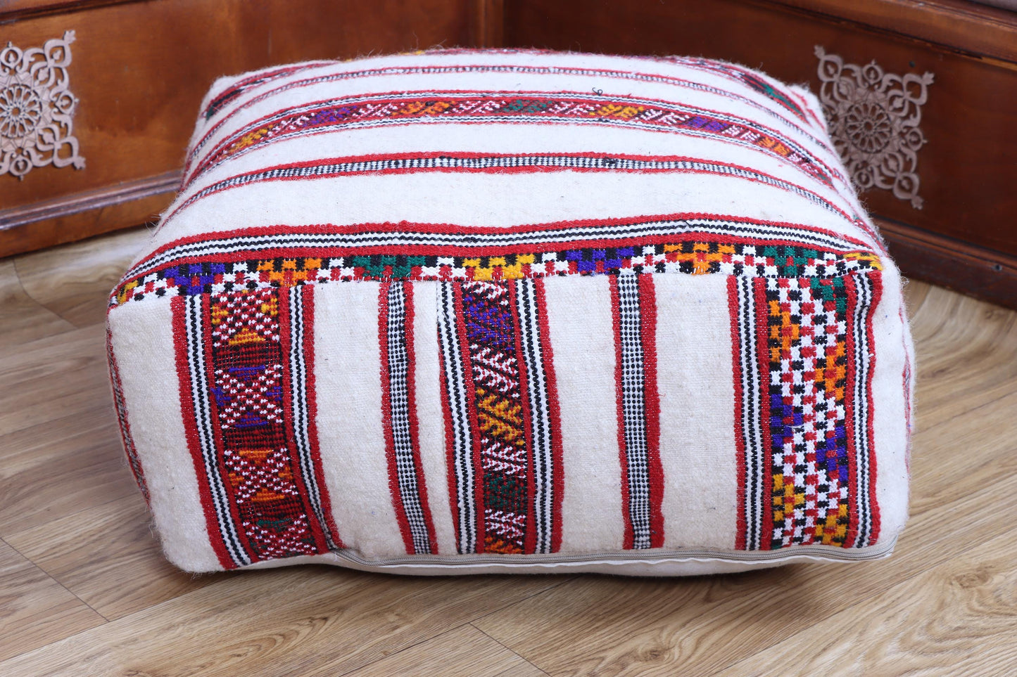 Handmade Moroccan Pouf, Kilim Floor Cushion, Vintage Ottoman, Boho Yoga Pillow, Colorful Rug Pouf for Home Decor