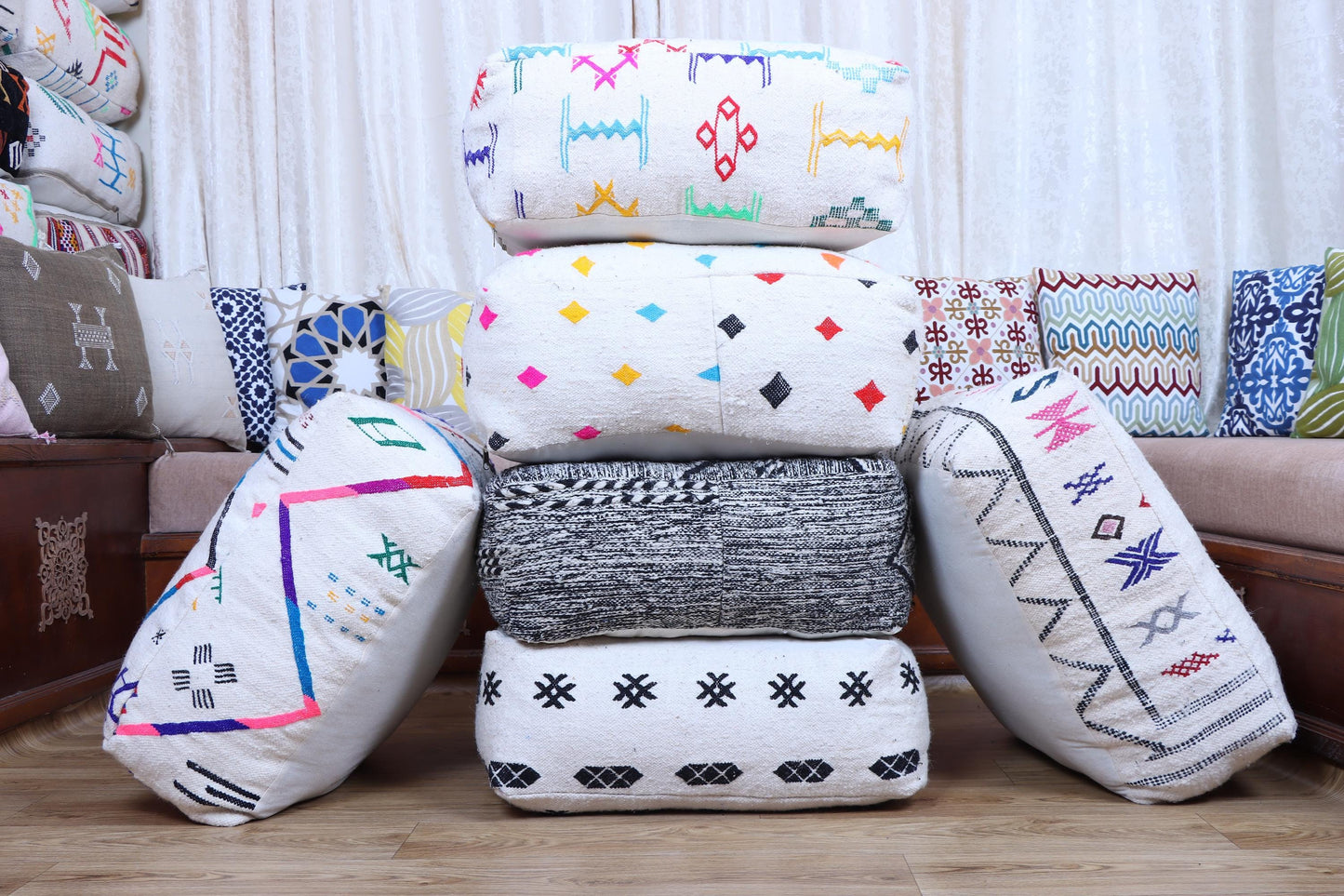 Handmade Moroccan Pouf, Kilim Floor Cushion, Vintage Ottoman, Boho Yoga Pillow, Colorful Rug Pouf for Home Decor