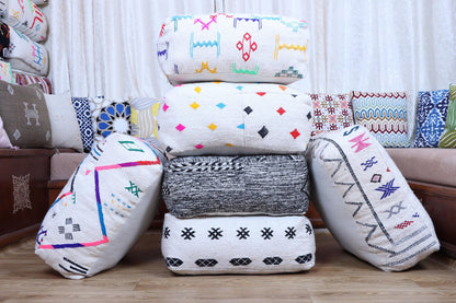 Handmade Moroccan Pouf, Kilim Floor Cushion, Vintage Ottoman, Boho Yoga Pillow, Colorful Rug Pouf for Home Decor