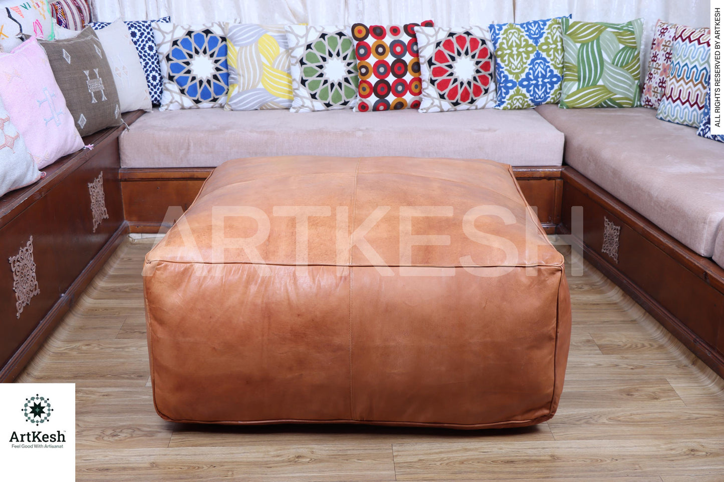Amazing square Ottoman Pouffe Moroccan leather | ottoman square pouf | light tan handmade footstool square pouffe Moroccan