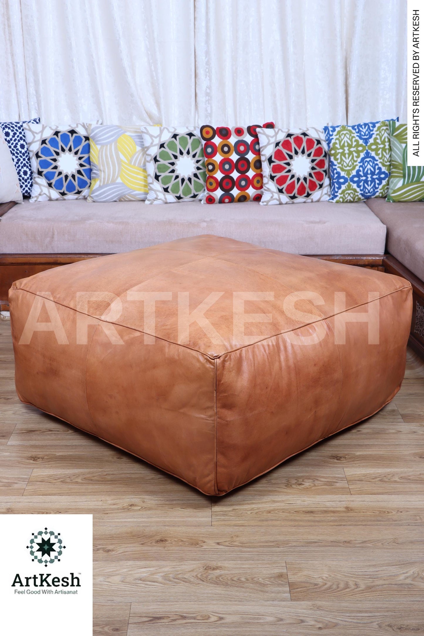 Amazing square Ottoman Pouffe Moroccan leather | ottoman square pouf | light tan handmade footstool square pouffe Moroccan