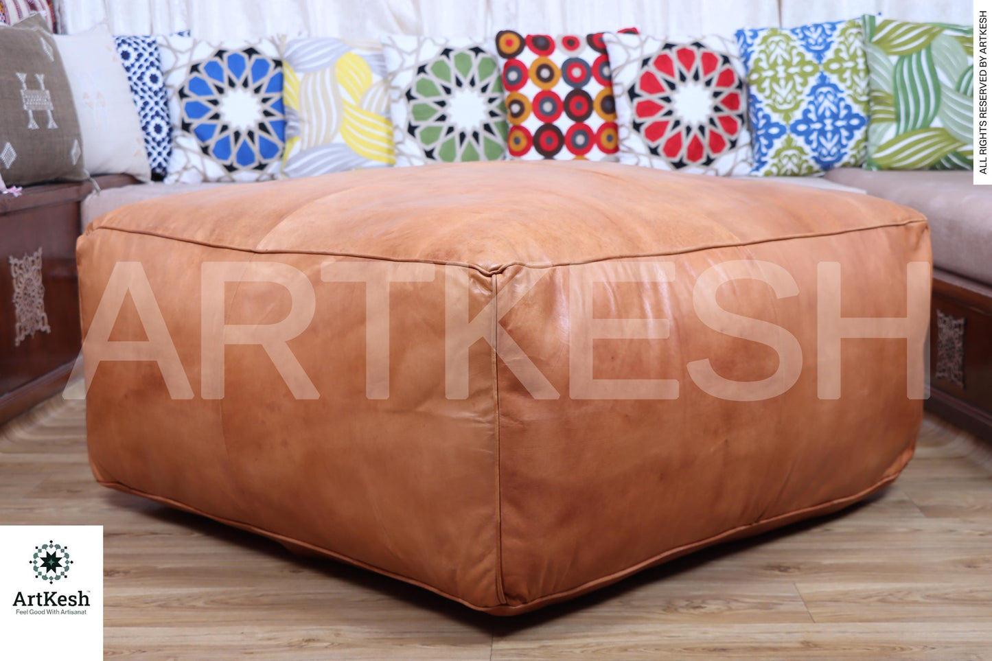 Amazing square Ottoman Pouffe Moroccan leather | ottoman square pouf | light tan handmade footstool square pouffe Moroccan