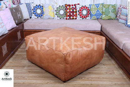Amazing square Ottoman Pouffe Moroccan leather | ottoman square pouf | light tan handmade footstool square pouffe Moroccan